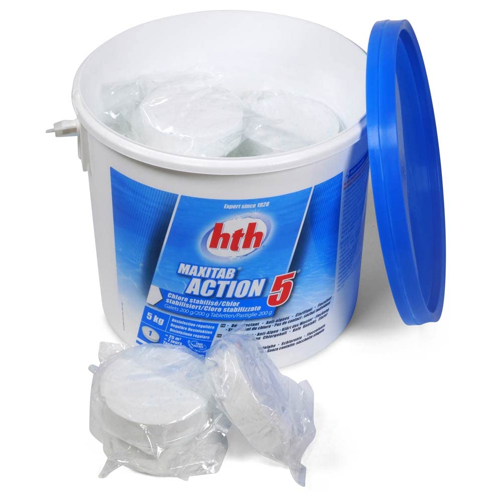 HTH Tablettes de chlore multifonction 200g, seau de 5kg - 5 actions en un produit.