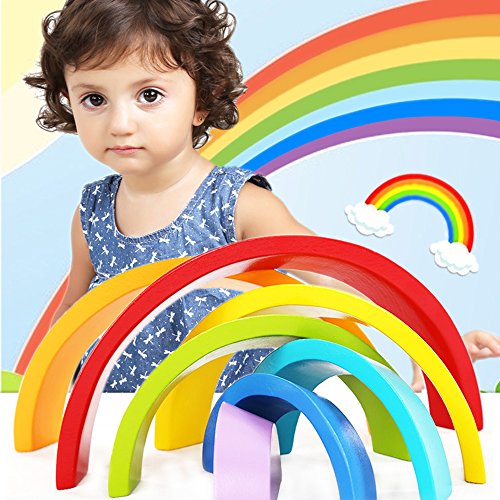 Sealive Wooden Rainbow Stacker Montessori Toys for Toddlers, Nesting Stacking Game Learning Color