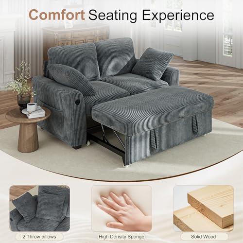 Image of Hanherry 59 inch Loveseat Sofa with Pull Out Couch Bed, Corduroy 2-in-1 Convertible 2 Seater Sleeper Sofa with USB Charging,Comfy Love Seat for Small Spaces Living Room Apartment