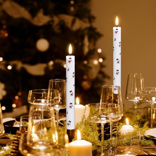 Image of GenSwin Christmas Taper Candles with Snowman Decals, 4 Pack LED Taper Candles with Timer, Real Wax Flickering LED Flickering Flameless Candlesticks with Christmas Prints for Home Decor(0.78 inch x 9.6 inch)