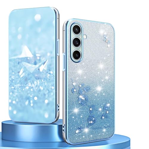 BORYA Silicone Cover per Samsung Galaxy S25 FE, Ultra Sottile Antiurto Morbida TPU Custodia, Placcatura Elegante Brillante Diamante Fiori Caso con Gradiente Carta, Blu