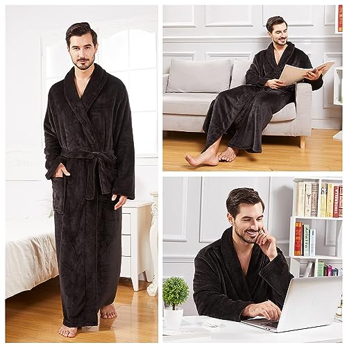 Image of FashGudim Mens Robes Big and Tall Full Length Plush Fleece Long Robe for Men Bathrobe Shawl Collar Warm Winter House Robes