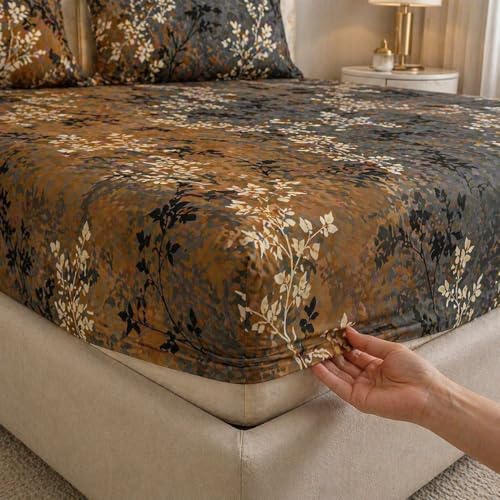 Image of Castiqa Elastic Fitted Supersoft Premium Brushed Cotton 200TC King Size Bedsheets with 2 Pillow Covers (Fits Upto Mattress of 10 Inches) (King (72x78), Beige Damask)