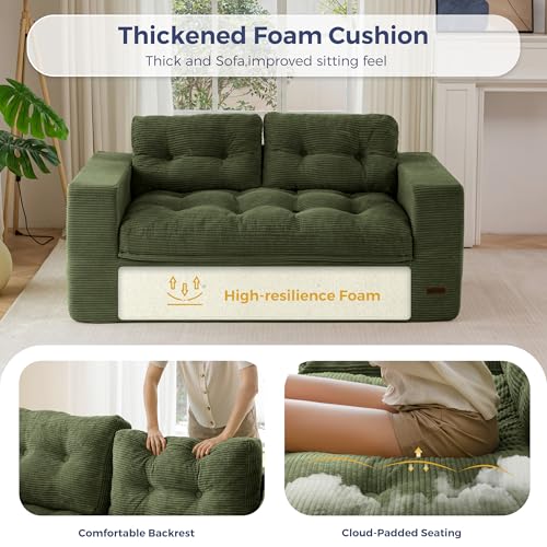 Image of MAXYOYO 63 inch Loveseat Sofa Couch for Small Spaces, Upholstered Boneless Cloud Couch for Apartment Bedroom, 2-Seater Love Seat Floor Modern Sofa with Pillows, No Assembly Required, Dark Green