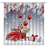 Merry Christmas Shower Curtain Red Christmas Ball Retro Truck Winter White Pine Leaves Berry Gift Box Xmas Holiday Happy New Year Fabric Bathroom Decor Set with Hooks(70' WX70 H)