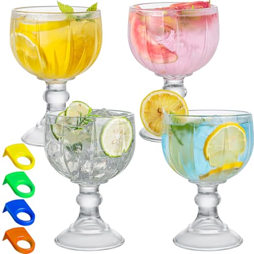 Claplante Schooner Beer Glasses, 21.5 Oz Extra Large Margarita Glass Set of 4 With 4 Color Clips, Shrimp Cocktail Glasses Goblet, Large Stemmed Glasses With Thick Bottom, Crystal Clear Bar Glassware