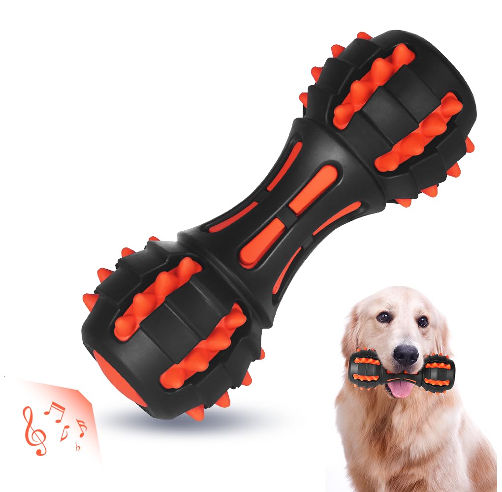 AUSCAT Teething Dog Toys, Durable Squeaky Dog Toys, Rubber Chew Toys for Dogs Dumbbell Shape, Black