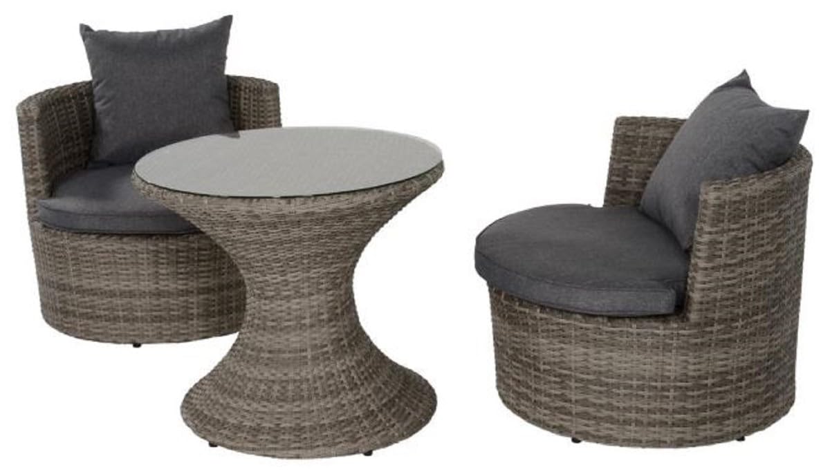 Casa Padrino Conjunto de Muebles de jardín de Lujo Gris Oscuro/Gris - 1 Mesa de Jardín Redonda con Tapa de Vidrio y 2 Sillones de Jardín Redondos con Cojines - Muebles de Jardín y Terraza