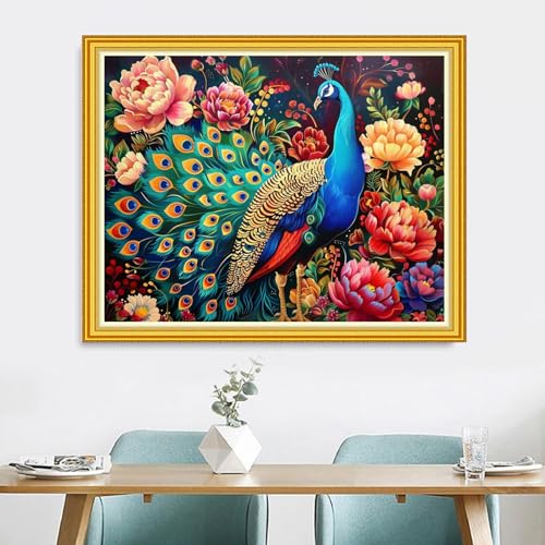 Image of Magxvouy Cross Stitch Kits Stamped Full Range of Embroidery Kits,Cross Stitch Patterns Needlework Kits for Beginners 11CT Printed Kits&Peacock Flower 16x20 inch