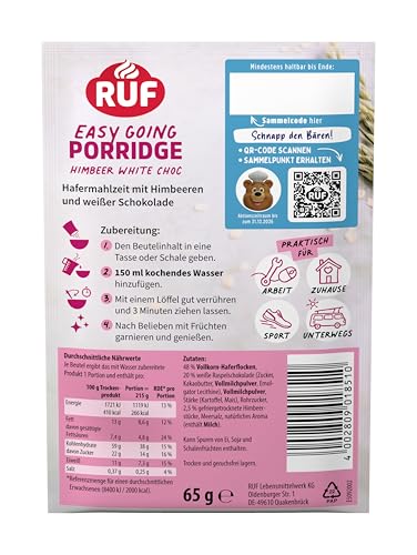 RUF Porridge Himbeer White Choc, Instant Haferbrei mit Himbeer-Stückchen und weißer Raspel-Schokolade, schnelles und gesundes Frühstück, 1 x 65g Beutel