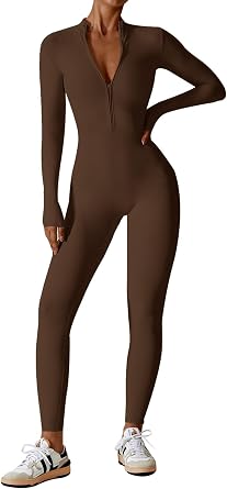 ECUPPER Women Long Sleeve Bodycon Jumpsuits Workout Zip Up Unitard One Piece Full Bodysuits Sexy Yoga Rompers Pants