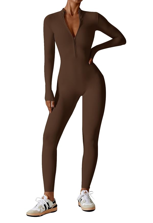 ECUPPER Women Long Sleeve Bodycon Jumpsuits Workout Zip Up Unitard One Piece Catsuit Full Bodysuit Sexy Yoga Rompers Pants Coffee L by ECUPPER - Used condition - US$27.29