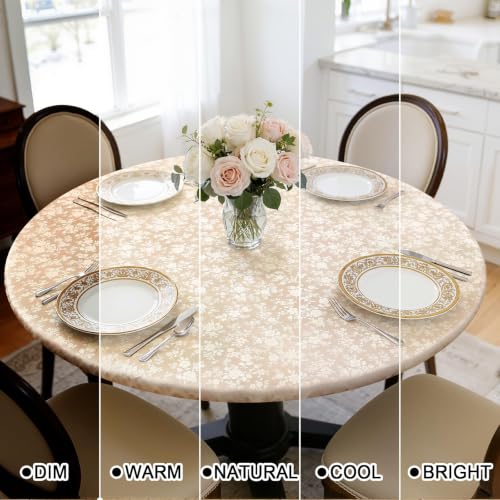Image of Smiry Waterproof Heavy Duty Vinyl Fitted Tablecloth for 51 inch-62 inch Round Table | Elastic Plastic Table Cloth, Wipeable Washable Floral Patio Table Cover for Picnic, Kitchen and Dining, Beige
