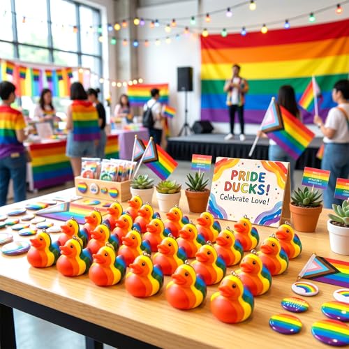 Image of Deekin 12 Pcs Pride Rainbow Rubber Ducks Keychain Gay Pride Cruise Rubber Ducks for Colorful Birthday LGBT Party Favors Gift Favors (Rainbow)