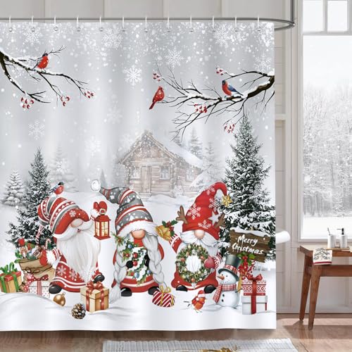 Bonhause Cortina de Ducha Navidad Gnomos Pino Nevado Cardenales Rustico Granja Invierno Cortina de Baño de Poliéster Impermeable Antimoho Lavable Cortina Ducha 180 x 180 cm con 12 Ganchos
