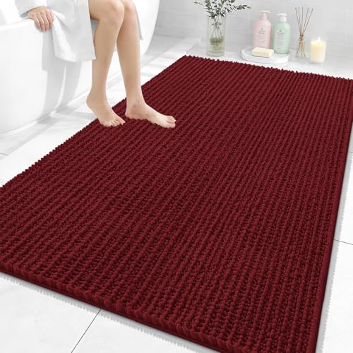 Image of OLANLY Bathroom Rug Mat 59x35, Thick Soft and Absorbent Chenille Bath Mat, Non-Slip Rubber Backing, Machine Washable Quick Dry Bath Rugs for Tub Shower Floor, Home Decor Accessories, Burgundy
