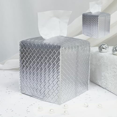 HOMOTEK 2 Pack Tissue Box Cover, Square PU Leather Tissue Holder, Decorative Facial Tissue Cube Paper Organizer Dispenser for Bathroom, Night Stands, Desk, Car 5X5X5'' - Woven Waffle, Silver