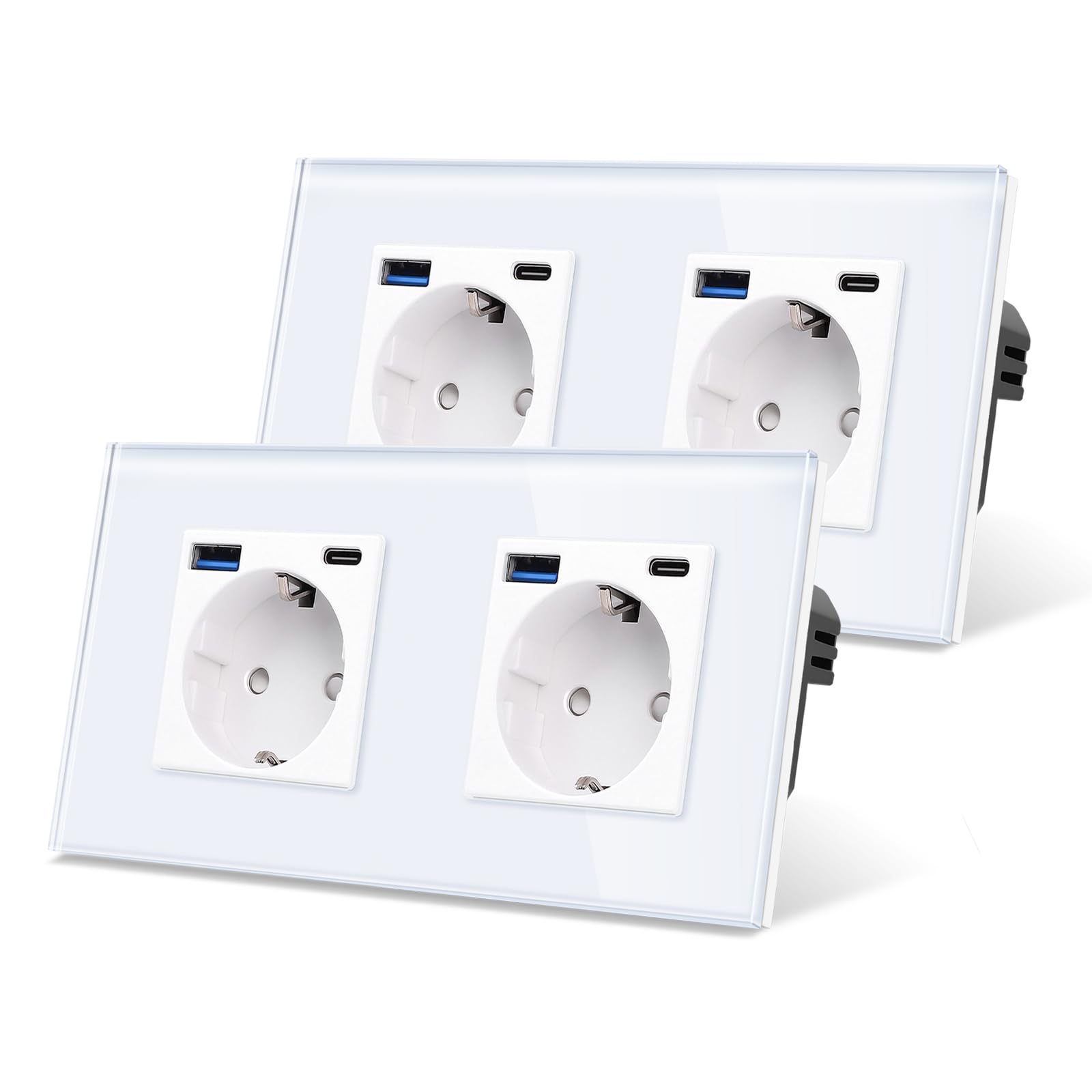 CNBINGO Glas Doppelsteckdose mit USB Ports (Typ-C und Typ-A 3,1 Amp total) - 20W USB Schnellladen - Zweifach Steckdose Unterputz in Weiß - Schuko Schutzkontakt Wandsteckdose
