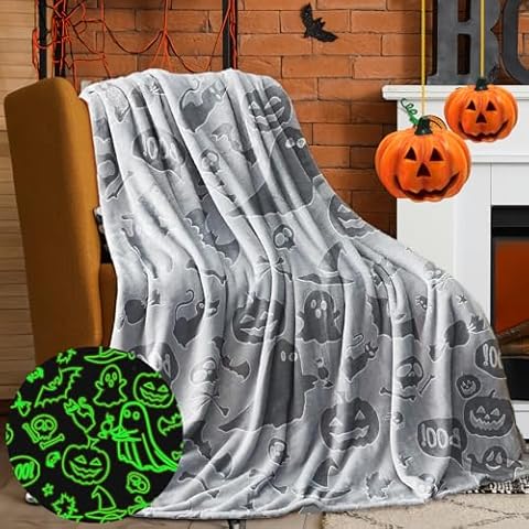 KAKWACO Halloween Blanket for Kids, Glow in The Dark Cute Pumpkin Ghost Bat Witchy Halloween Throw Blanket, Halloween Decorations Gifts for Girls Boys 60"×50" - Grey Cover