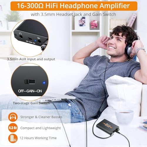 Image of Neoteck Amplifier 16-300 Ohm Portable Headphone Amplifier,3.5mm Jack Rechargeable Headphone Amp with Volume Control,Two-Stage Gain Switch, Headset Amplifier for PC /CD /MP3 /MP4 Players-Non-Bluetooth