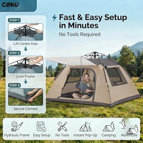 Image of Coku Automatic Camping Tent for 6 Person, Instant Pop-Up Waterproof Tent with UV Protection, Lightweight Portable Outdoor Tent for Camping, Hiking, Trekking, Beach & Travel