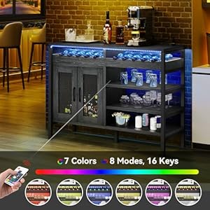 YITAHOME Liquor Cabinet Bar for Home 47 Industrial Wine Buffet Cabinet with LED LightsPower Outlets and Wine Rack Storage Small Coffee Bar Cabinet for Kitchen Dining Living Room Black