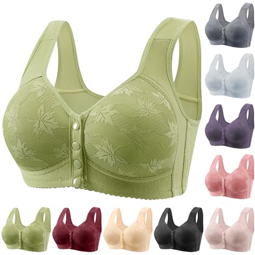 Bras for Women No Underwire Daisy Bras for Older Women Front Closure No Underwire Comfortable Bra Breathable Push Up Full Coverage Bralette Green