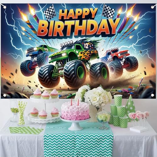 Image of Monster Truck Birthday Backdrop, 70.8x43.3 inches, Polyester, Multicolored, Birthday, Includes Truck-themed Backdrop with Four Grommets