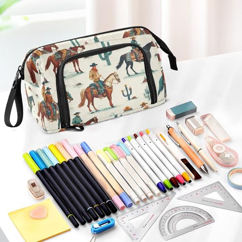 Image of Fisyme Vintage Western Cowboy Pencil Case Large Capacity Pen Bags Box Big Makeup Pouch Organizer