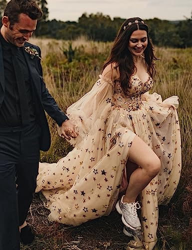 Women's Fairy Sparkle Star Wedding Dress Detachable Puff Sleeves Corset Bodice High Slit Formal Party Prom Dress3