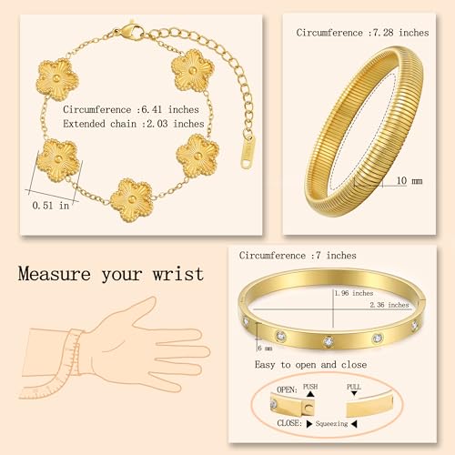 Stackable Four Leaf Clover Bracelets for Women, 18K Gold Plated Love Bangle Bracelets Set, 3 Pcs Chunky Jewelry Gifts4