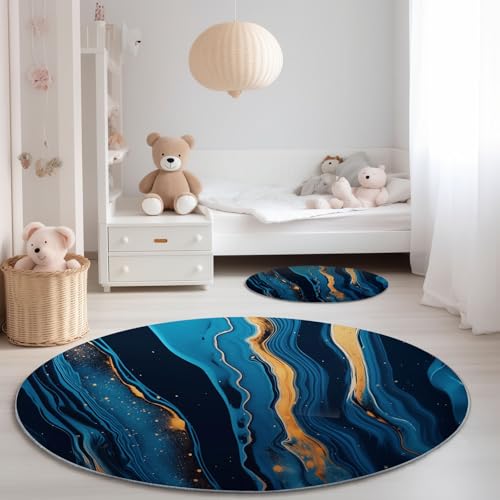 Genérico Alfombra Redonda para Sala de Estar 90 cm, Abstracto Río Ondas De Agua Imprimir Pelo Corto Franela Alfombra Redonda - Azul Oscuro Antideslizante Lavable Alfombras para Dormitorio