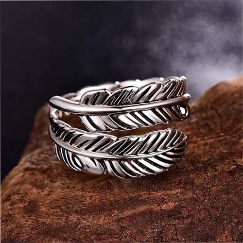 Sterling Silver Feather Ring with Black Onyx & Turquoise - Adjustable Stacking Vintage Statement Ring for Women & Men4