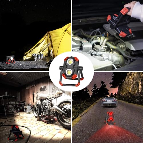 LED Work Light Rechargeable, 2 COB 2500LM Folding Portable Flood Light with Magnetic Base and 360° Rotation Stand, Waterproof Spotlights for Camping Car Repairing Emergency Job Site Lighting (2, Red)