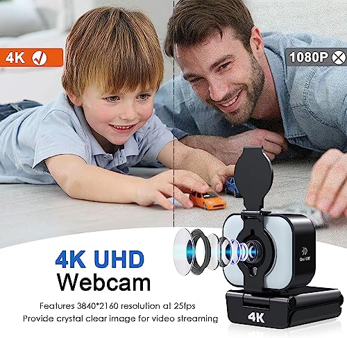 Webcam 4K, Webcam mit Mikrofon, FHD Facecam Streaming-Webcam mit Ringlicht, Stativ, Abdeckung, Web Kamera für PC Laptop Desktop Mac, Kamera PC für Live-Streaming, Videoaufnahme, Telearbeit, Konferenz – Bild 3