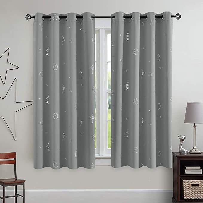 Vangao Grey Kids Curtains for Boys Bedroom Space Theme Blackout Curtains for Kids Nursery Girls Room 63 Inches Length Silver Foil Print Drapes Grommet Top Window Treatments Set 2 Panels