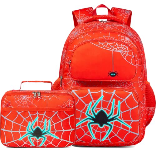 AUIVTY Mochila para meninos e meninas com lancheira que brilha no escuro, para crianças de 4 a 12 anos, ensino fundamental e médio, Vermelho com cinza, Medium, Mochilas Daypack
