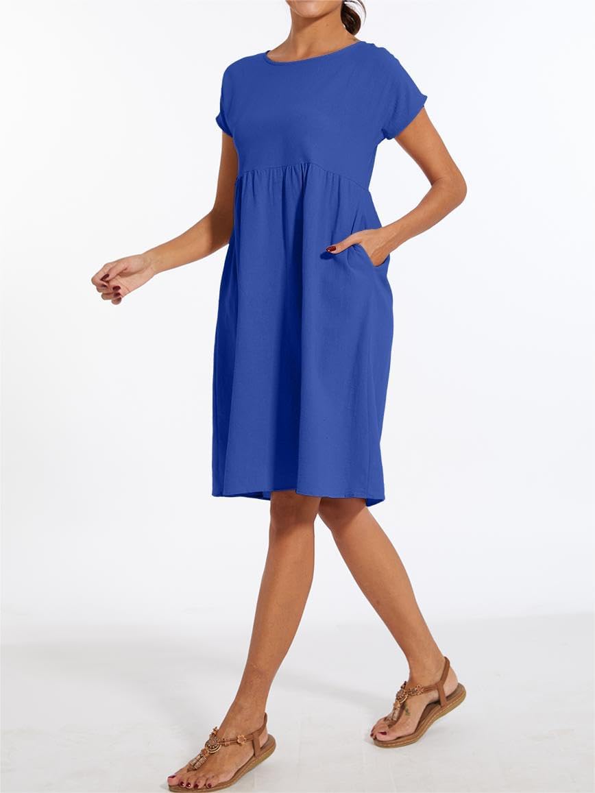 Dresses for Women 2024 Casual Summer Cotton Dress with Pockets Short Sleeve Loose Midi Shirt Dress - Image 2