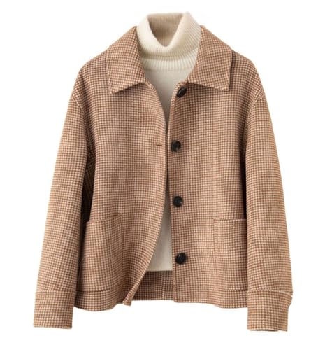 chouyatou Women's Elegant Lapel Houndstooth Plaid Wool Coat Casual Single Breasted Wool Blend Pea Coat with Pockets