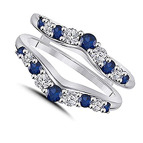0.50ct 14K White Gold Over Sterling Silver Cubic Zirconia & Blue Sapphire Solitaire Enhancer Guard Wrap Ring For Women
