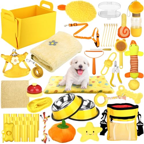 Abbylike 50-teiliges Welpenzubehör-Starter-Set für kleine Hunde, enthält Leine, Näpfe, Zahnbürsten, Wasserflasche und mehr Zubehör für Hunde, Willkommensgeschenk (gelb)