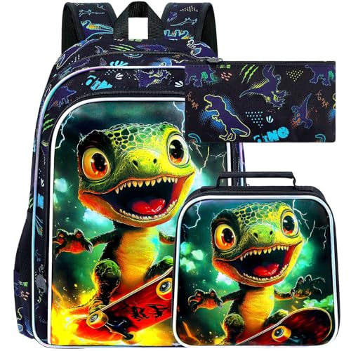Image of 3Pcs Dinosaur Backpack for Boy, 16 inch Bookbag with Lunch Box, Kids School Backpacks for Elementary Preschool Kindergarten (Black)