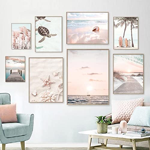 ABCWARRT Nordic Pink Canvas Painting Beach Wave