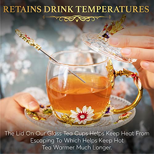 Sheeyee Vintage Glass Tea Cup And Saucer Set With Lid And Spoon, Enamel Daisy Flower Coffee Mug With Decorative Handle, Elegant Tea Sets For Women, 330Ml/11Oz #TOP3