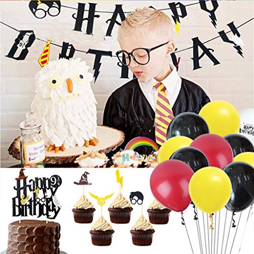 Amycute 49 stuks magische verjaardagsdecoratieset, stropdas, bril, cupcake-topper, taartdecoratie, ballonbanner voor verjaardagsdecoratie, themafeest. - Image 7