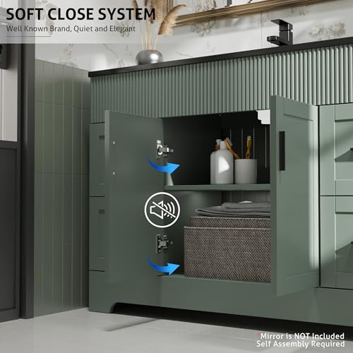 Image of eclife 48 inch Bathroom Vanities Sink Combo with Painted Surface, Modern Drawered Cabinet W /Decorative Wave Lines, Undermount Single Black Sink, Matte Black Faucet Drain, Gray Green