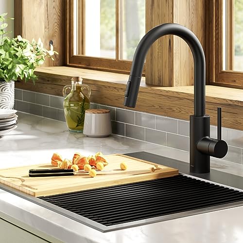 Image of KRAUS Oletto Single Handle Pull Down Kitchen Faucet with QuickDock Top Mount Installation Assembly in Matte Black, KPF-2620MB