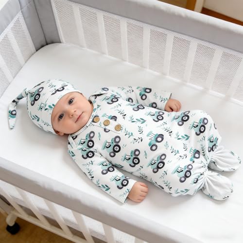 Image of AMAWMW Newborn Baby Boys Girls Cartoon Sleeper Gown Long Sleeve Mountain Nightgown Hat Outfits