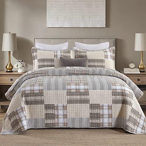Finlonte Quilts Queen Size, 100% Cotton Lightweight Summer Queen Quilt, Cabin Plaid Queen Quilted Bedspread, Brown Tan White Reversible Queen Quilt Bedding Set For All Season, 3 Piece #TOP8