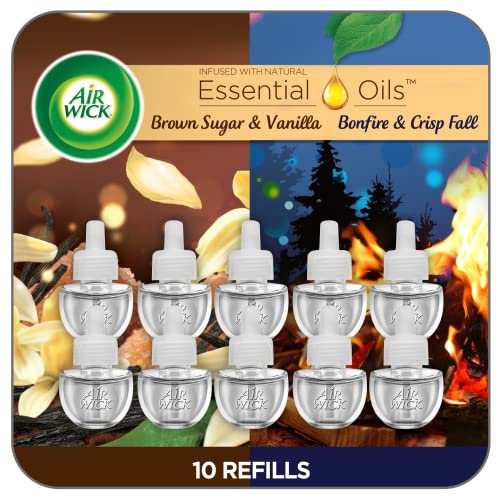 Image of Air Wick Plug In Scented Oil Refill, 10ct, Bonfire & Crisp Fall Air + Brown Sugar & Vanilla, Essential Oils, Air Freshener.